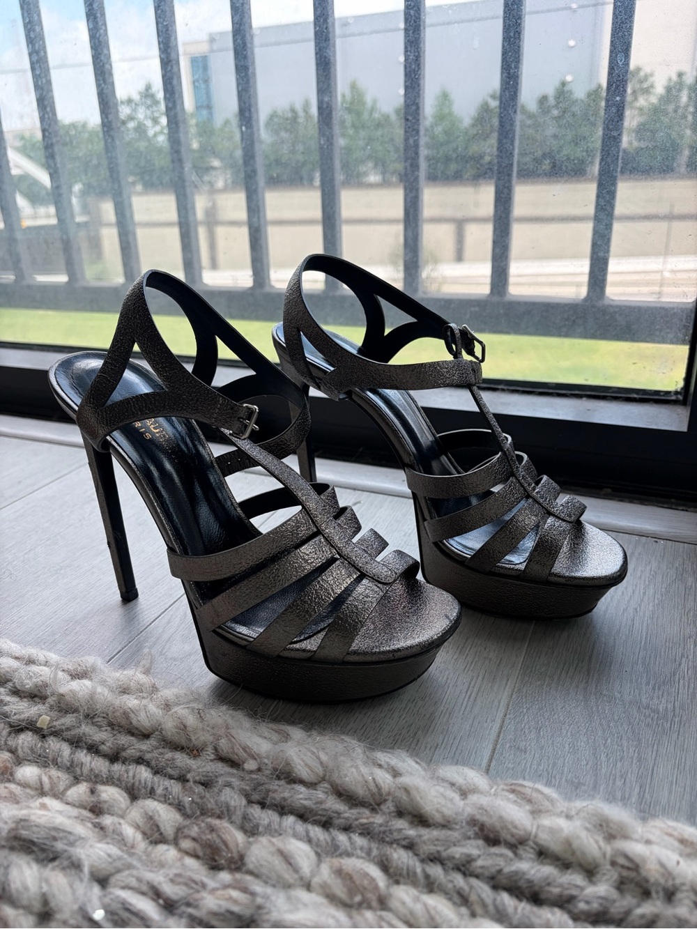 Saint Laurent Metallic Black Strappy Platform Heels - Picture 2 of 6